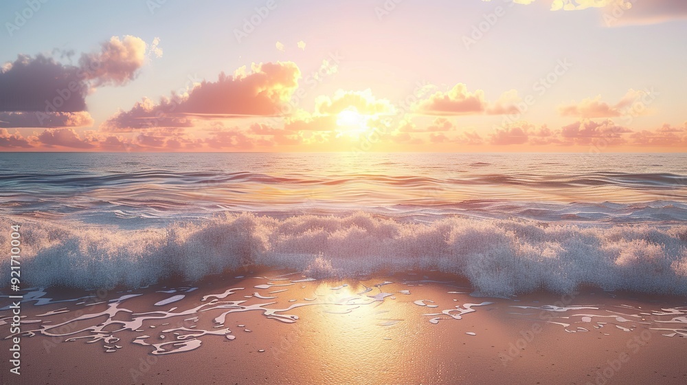 A beautiful sunset over a calm ocean with soft waves lapping on the sandy shore. A beautiful sunset over a calm ocean with soft waves lapping on the sandy shore.