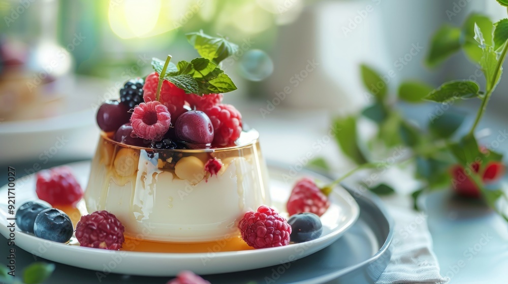 Dairy dessert with honey and berries on tray in kitchen Dairy dessert with honey and berries on tray in kitchen