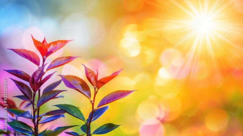 Fototapeta premium Bright sunlight filters through leaf silhouettes, creating a vivid pastel bokeh effect, evoking a serene and tranquil atmosphere