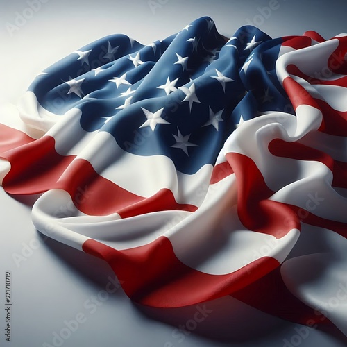 A close-up of the United States flag with its iconic stars and stripes, draped elegantly against a white background. Perfect for patriotic themes, national holidays, and American pride. photo