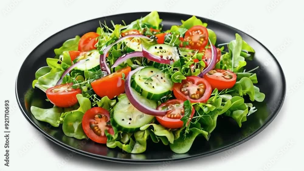 A fresh salad with mixed greens, cherry tomatoes, cucumber slices, and a light vinaigrette dressing, served on a black plate, isolated on a white background, suitable for food advertising A fresh salad with mixed greens, cherry tomatoes, cucumber slices, and a light vinaigrette dressing, served on a black plate, isolated on a white background, suitable for food advertising