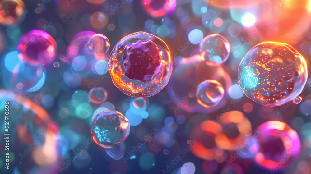 Microscopic view of a healthy human cell in bright colors, demonstrating the positive effects of vitamins on cell health. The cells are illuminated, symbolizing nutrition and vitality. Microscopic view of a healthy human cell in bright colors, demonstrating the positive effects of vitamins on cell health. The cells are illuminated, symbolizing nutrition and vitality.