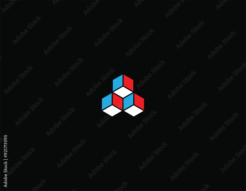 Three cubic elements form a triangle. Blue, Red and white colors. Geometric graphic design element. Corporate logo. Three cubic elements form a triangle. Blue, Red and white colors. Geometric graphic design element. Corporate logo.