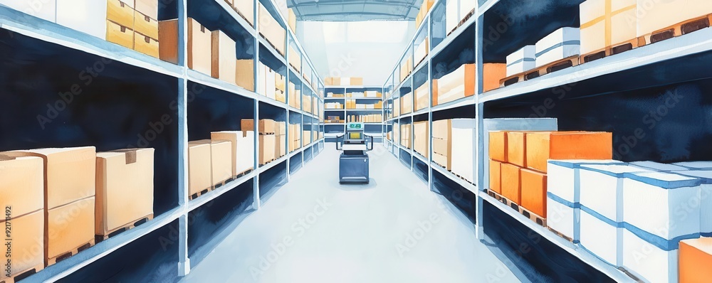 Obraz premium High-tech e-commerce warehouse in watercolor, robots organizing shelves, seamless product flow, efficiency in logistics