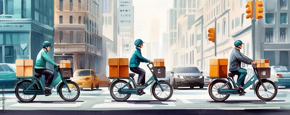 Fototapeta premium Watercolor city with e-commerce delivery bikes weaving through traffic, packages being delivered with precision