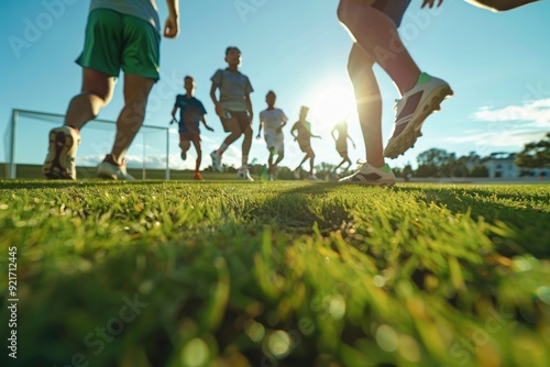 Low Angle View of Soccer Players Running on Grass photo