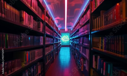 Wallpaper Mural books on library shelves lit by cinematic neon lights Torontodigital.ca