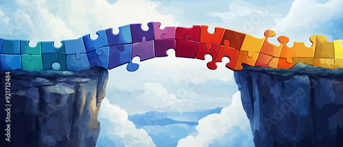 Design an abstract concept of a bridge made of colorful puzzle pieces connecting two cliffs