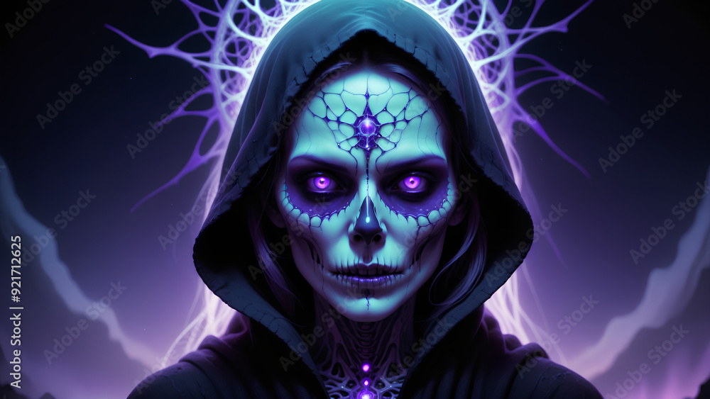 A symmetric portrait of a female evil cursed necromancer features dissolving into curse magic A symmetric portrait of a female evil cursed necromancer features dissolving into curse magic