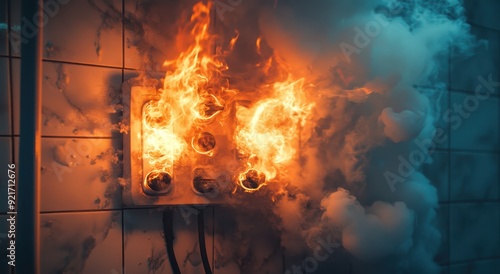 A close-up shot of an electrical arc in the wall, with smoke billowing out. The scene captures a moment just after flames shoot out from one socket