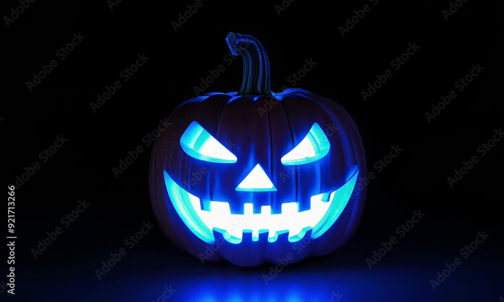 Mysterious blue glowing jack-o’-lantern amid eerie smoke, illuminating the dark Mysterious blue glowing jack-o’-lantern amid eerie smoke, illuminating the dark