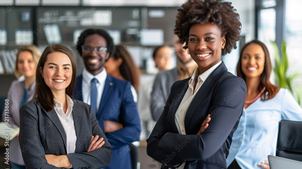 Fototapeta premium Young Business People in Office: Group of young business people collaborating and engaging 