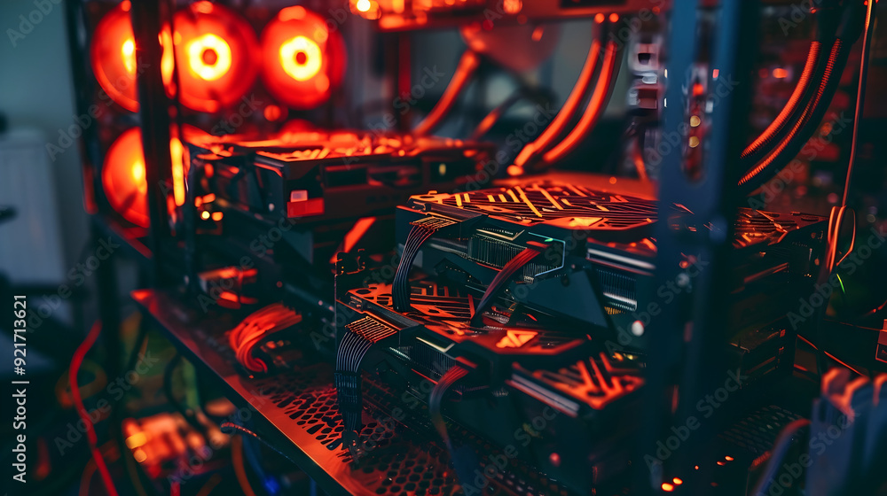 Red Light Illuminated Graphic Cards in a Computer Case - Photo Red Light Illuminated Graphic Cards in a Computer Case - Photo