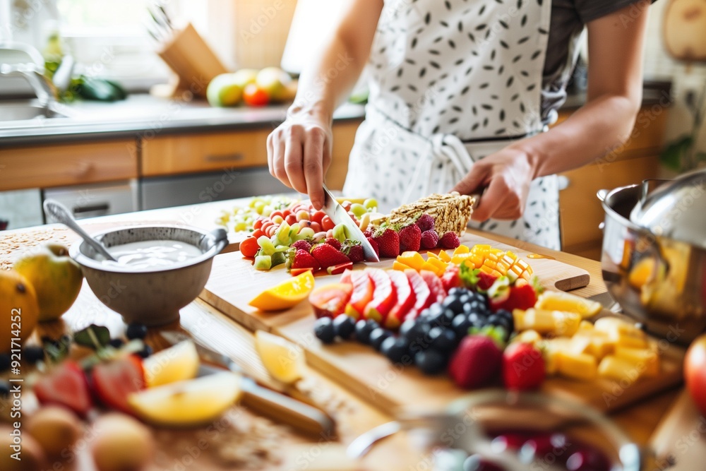 Woman preparing a fruit platter with a knife and fresh fruit. Woman preparing a fruit platter with a knife and fresh fruit.