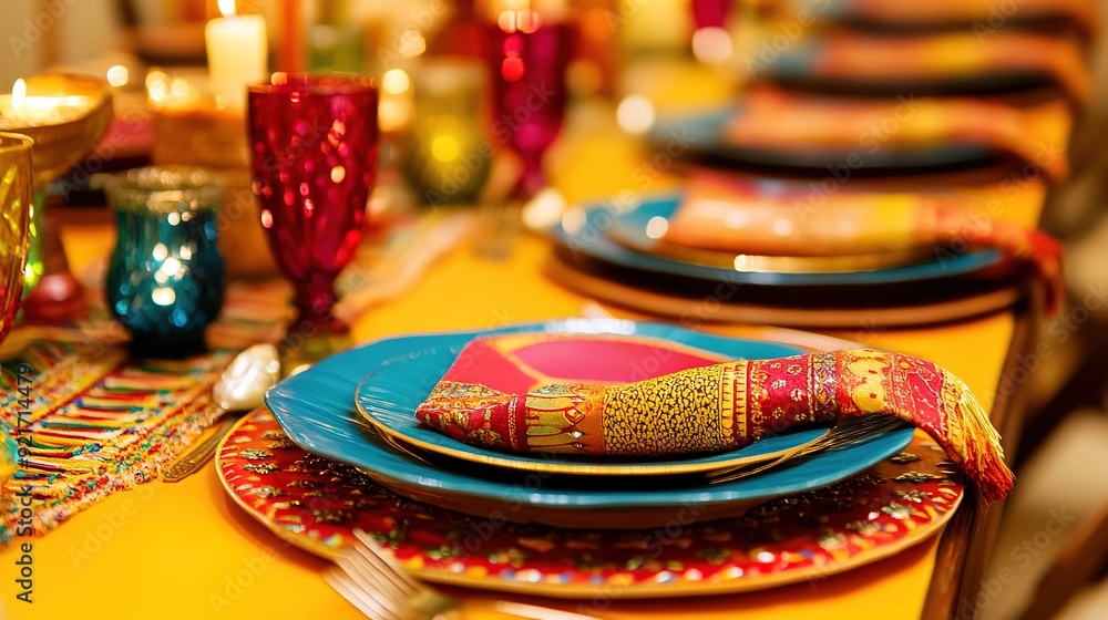 Close-Up of Diwali-Themed Table Settings: Colorful Plates, Candles, and Festive Napkins Close-Up of Diwali-Themed Table Settings: Colorful Plates, Candles, and Festive Napkins