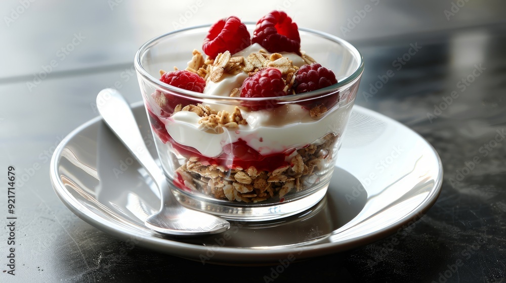 Glass, cereal and yogurt with raspberry with spoon for vegan food, organic or meal at breakfast. Fiber, dairy and fruit on plate by clear container with protein for morning, healthy nutrition or diet Glass, cereal and yogurt with raspberry with spoon for vegan food, organic or meal at breakfast. Fiber, dairy and fruit on plate by clear container with protein for morning, healthy nutrition or diet