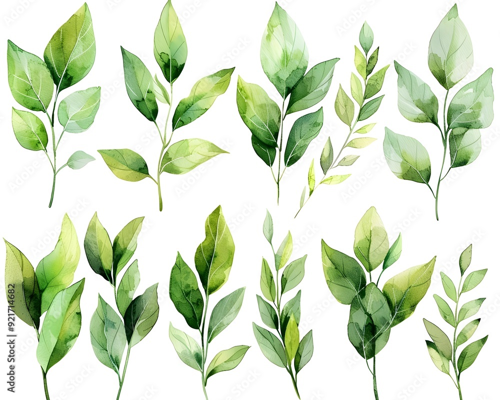 Watercolor Sage Leaves in Subtle Green Hues Arranged on White Background Watercolor Sage Leaves in Subtle Green Hues Arranged on White Background