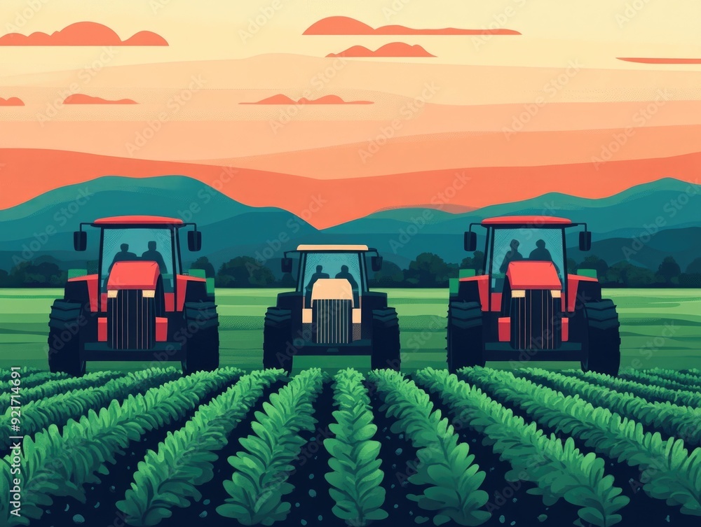 Obraz premium Sustainable agricultural practices using cover cropping techniques illustrated in a flat design style This image showcases the benefits of cover cropping for soil health ecosystem resilience