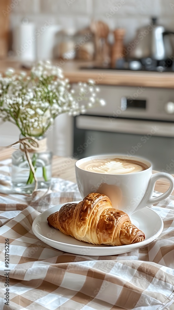 Cozy Morning Coffee Break with Croissant on Checkered Tablecloth in Kitchen Cozy Morning Coffee Break with Croissant on Checkered Tablecloth in Kitchen