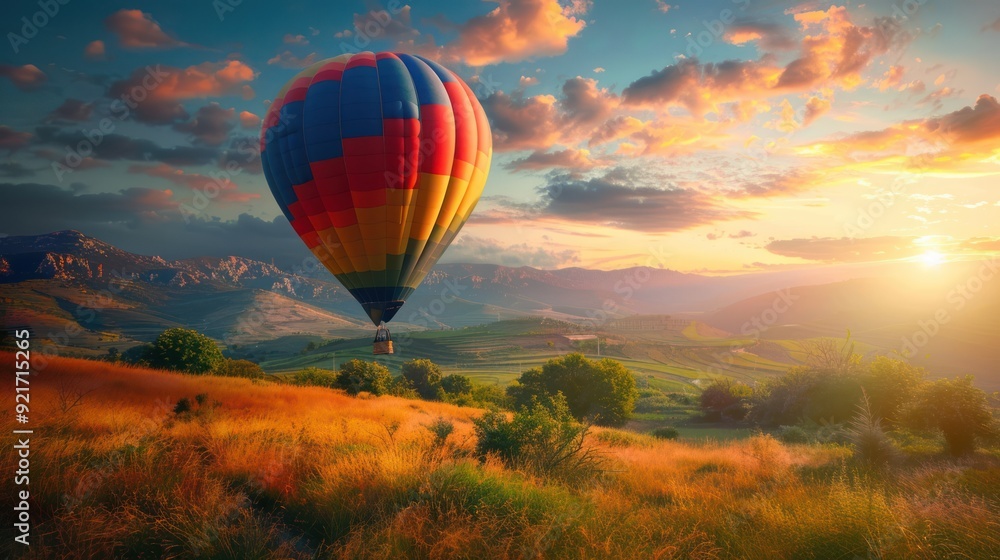 Obraz premium Hot Air Balloon Soaring Over Rolling Hills at Sunset