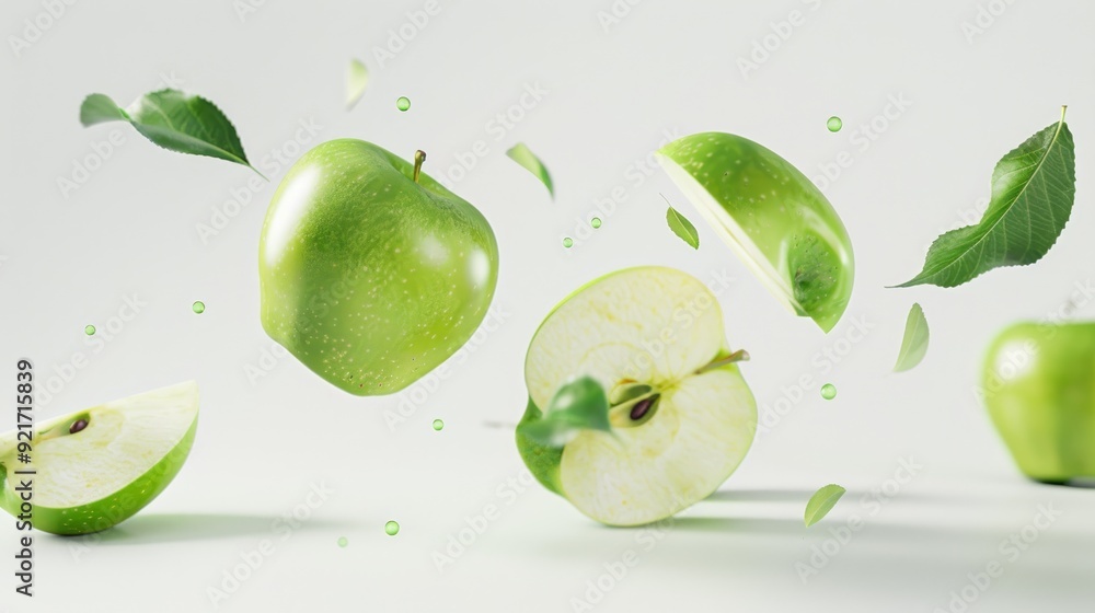 custom made wallpaper toronto digitalGreen apple with green leaf and half slice flying in the air isolated on white background