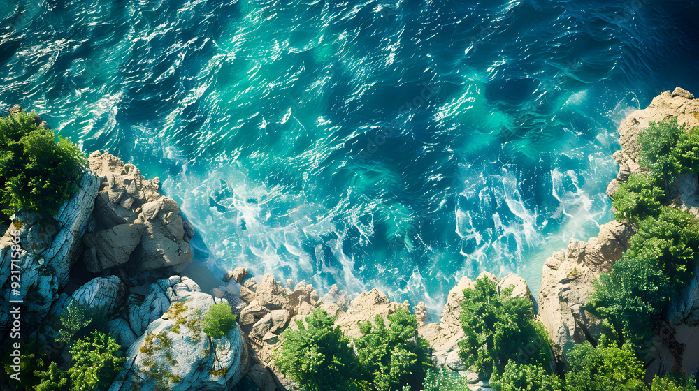 Fototapeta premium Aerial view of the ocean rocky shore 