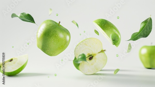 Wallpaper Mural Green apple with green leaf and half slice flying in the air isolated on white background Torontodigital.ca