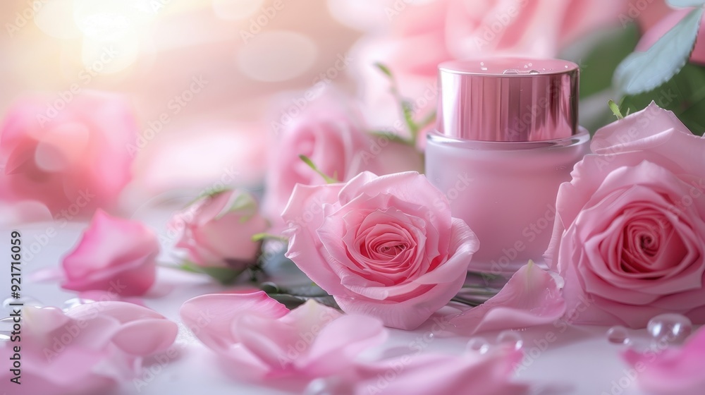 Elegant perfume bottle surrounded by pink roses in soft, dreamy light, perfect for use in perfume and beauty product advertisements, romantic occasion promotions, Valentine's Day, wedding, bridal Elegant perfume bottle surrounded by pink roses in soft, dreamy light, perfect for use in perfume and beauty product advertisements, romantic occasion promotions, Valentine's Day, wedding, bridal