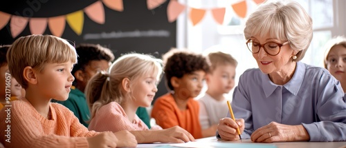 A caring teacher engages with children in a classroom, fostering creativity and learning through personal interaction and guidance. photo