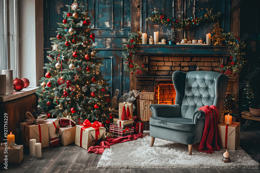 Obraz premium Christmas greeting card with bright winter holiday composition and New Year background