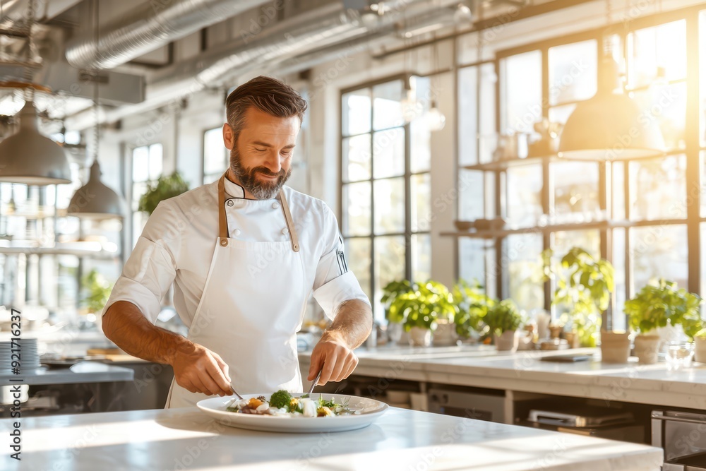 A chef skillfully plating a gourmet dish in a sunlit kitchen, showcasing culinary art and passion for food preparation. A chef skillfully plating a gourmet dish in a sunlit kitchen, showcasing culinary art and passion for food preparation.