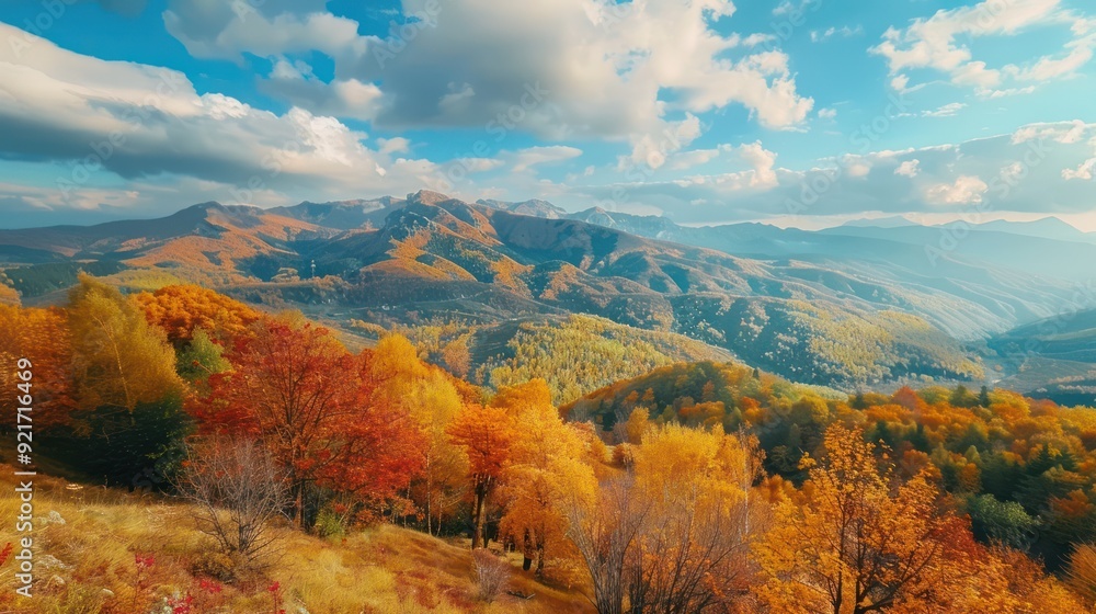 Autumnal Mountain Landscape with Vivid Foliage and White Clouds Autumnal Mountain Landscape with Vivid Foliage and White Clouds