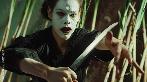 Young Female Mime Artist with Knife and Leeks Performing Martial Arts Pose: A young female 