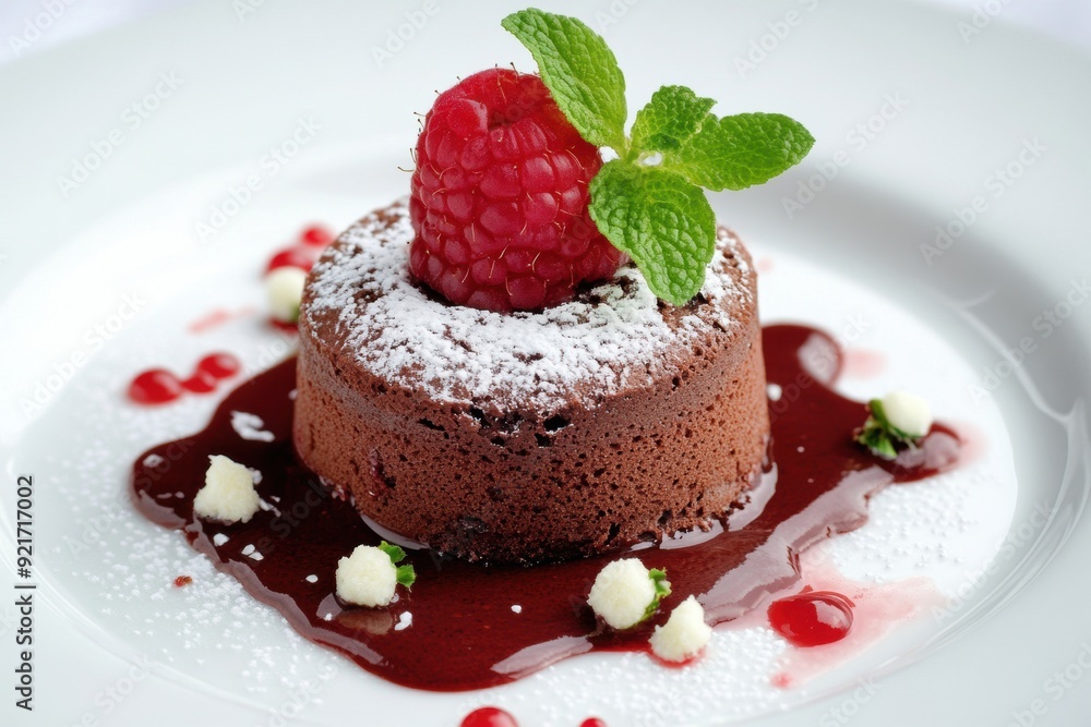 A velvety chocolate soufflé is elegantly drizzled with raspberry coulis, creating a tangy and sweet fusion with the rich chocolate dessert. A velvety chocolate soufflé is elegantly drizzled with raspberry coulis, creating a tangy and sweet fusion with the rich chocolate dessert.