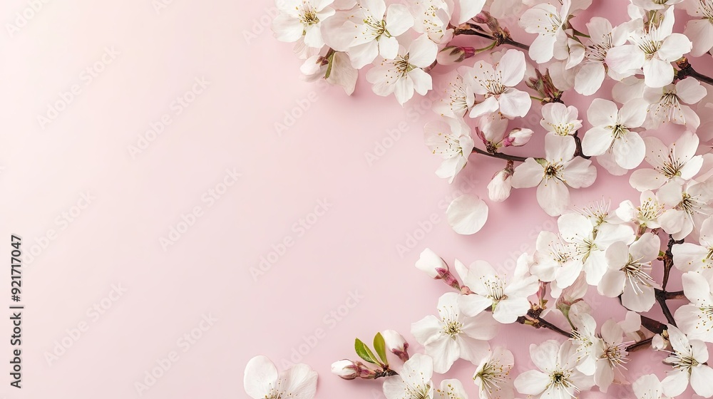 A top view of spring blossoms on a pastel pink background, with ample copy space on the left A top view of spring blossoms on a pastel pink background, with ample copy space on the left