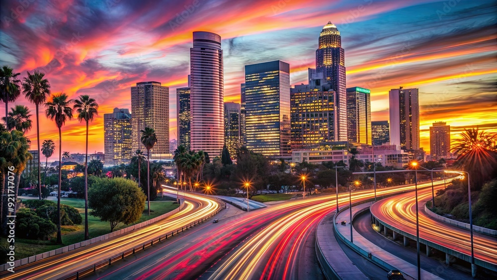 Fototapeta premium Vibrant orange and pink hues illuminate the LA cityscape as the sun sets behind towering skyscrapers, capturing the dynamic energy of the city with streaks of light trails.