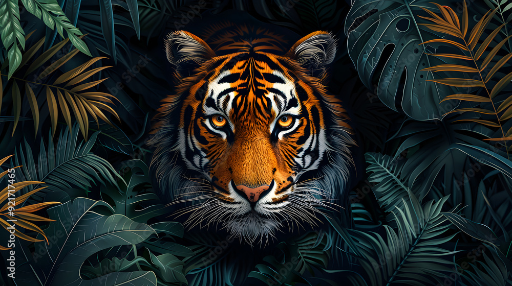 Tiger's Artistic Life in Nature: Block Print Style with High Detail Tiger's Artistic Life in Nature: Block Print Style with High Detail
