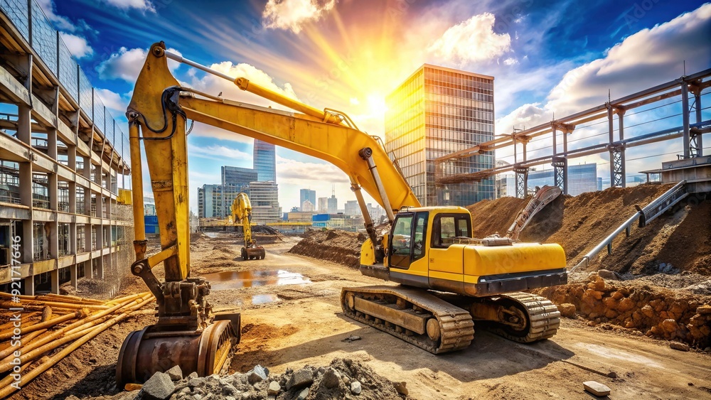 Fototapeta premium Large yellow excavator digs into earth at busy construction site surrounded by heavy machinery, dirt, and steel beams on a sunny day.