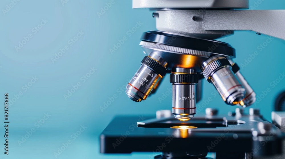 State-of-the-art Optical Microscope with multiple lenses, set against the blue backdrop State-of-the-art Optical Microscope with multiple lenses, set against the blue backdrop