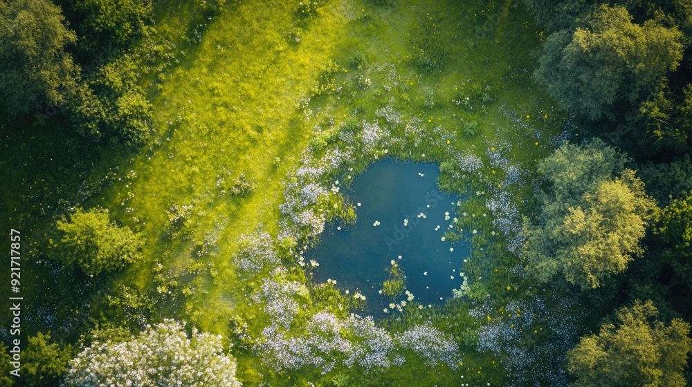 Aerial shot of a spring meadow with wildflowers and a small pond. Ample copy space available. Aerial shot of a spring meadow with wildflowers and a small pond. Ample copy space available.