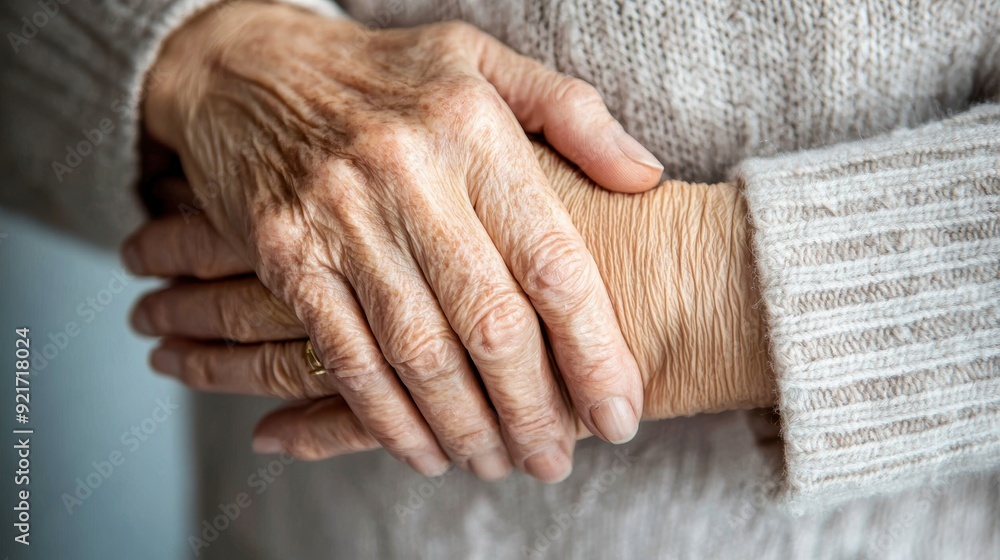 Fototapeta premium Close-up of two aged hands gently embracing, symbolizing love, care, and connection between generations.