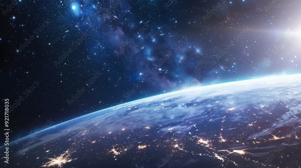 Fototapeta premium Earth's Curve with Starry Sky and Sun Rays