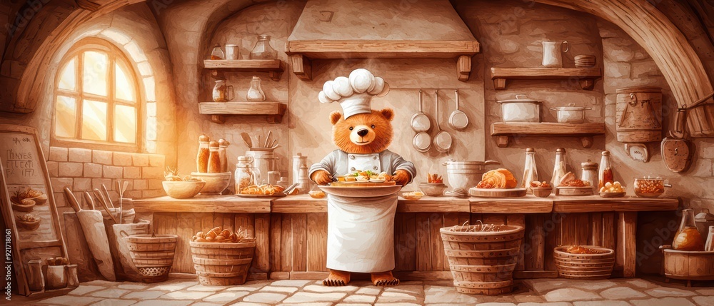 A cute bear chef proudly presents a delicious dish in a cozy kitchen filled with rustic decor and culinary delights. A cute bear chef proudly presents a delicious dish in a cozy kitchen filled with rustic decor and culinary delights.