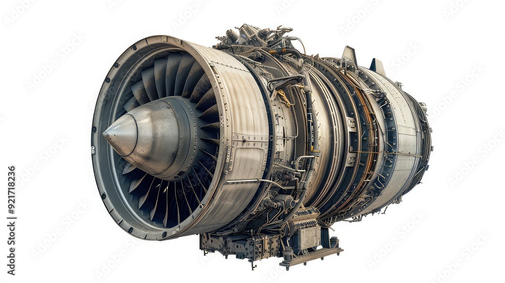 Close-up view of an aircraft jet engine, isolated on white generated with AI Close-up view of an aircraft jet engine, isolated on white generated with AI