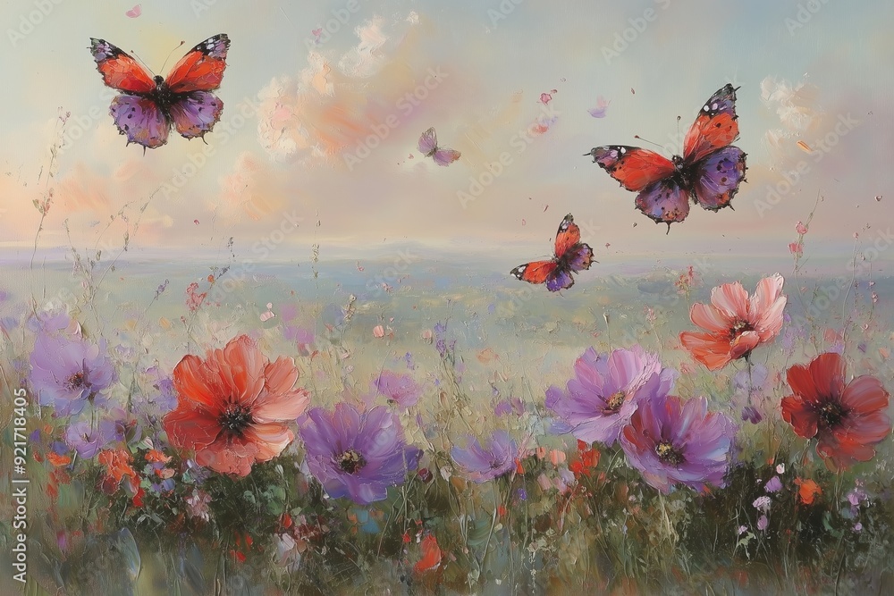 Obraz premium artwork captures the beauty of nature as colorful butterflies dance above a vibrant field of blooming wildflowers.