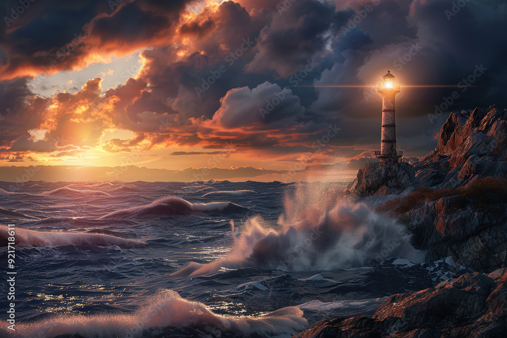 Generative ai on theme of large retro lighthouse with beam of bright light shining out to blue sea Generative ai on theme of large retro lighthouse with beam of bright light shining out to blue sea