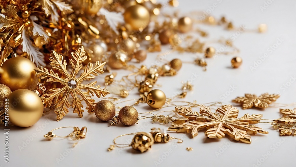 gold snowflakes falling on white background. golden snowflakes border with different ornaments. luxury christmas garland gold snowflakes falling on white background. golden snowflakes border with different ornaments. luxury christmas garland
