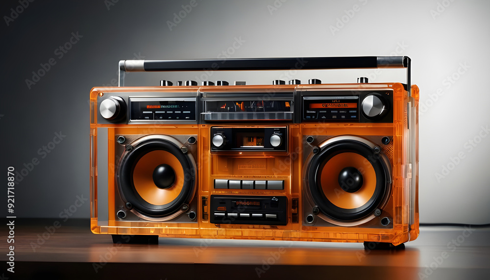Retro outdated portable cassette tape recorder from 80s audio tape on wooden table front mint White wall background Retro outdated portable cassette tape recorder from 80s audio tape on wooden table front mint White wall background