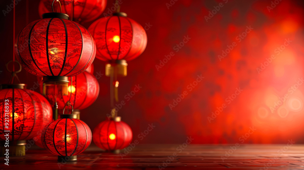 Chinese lanterns serve as beacons of joy and cultural pride. Beautiful New Year background with copy space. A red background with lots of red Chinese lanterns hanging from the ceiling Chinese lanterns serve as beacons of joy and cultural pride. Beautiful New Year background with copy space. A red background with lots of red Chinese lanterns hanging from the ceiling