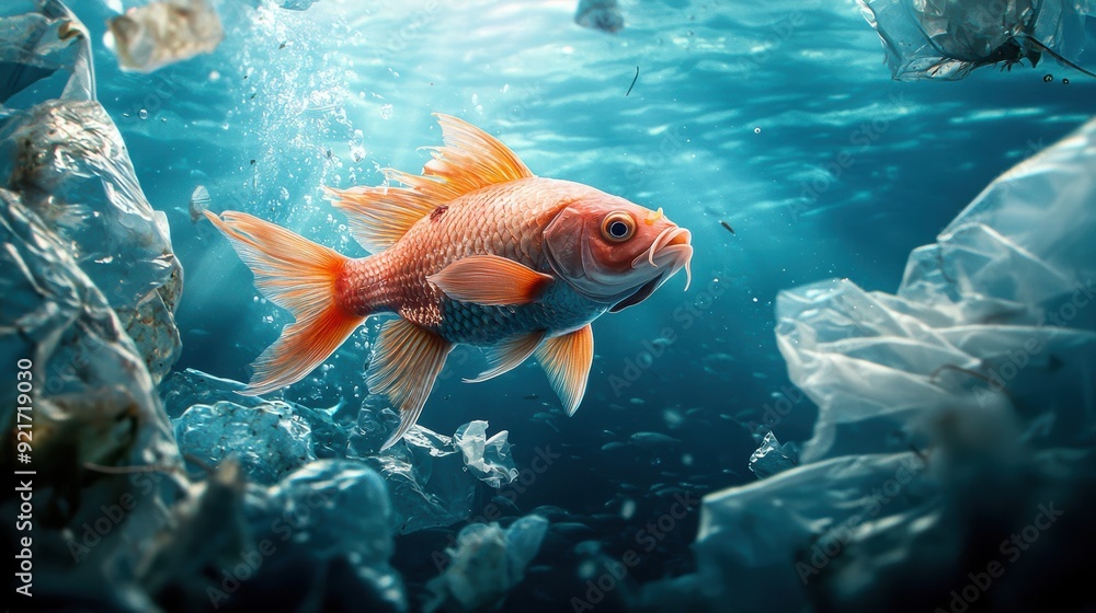 A vibrant goldfish swims gracefully among pieces of plastic waste in a beautiful underwater scene, highlighting marine pollution. A vibrant goldfish swims gracefully among pieces of plastic waste in a beautiful underwater scene, highlighting marine pollution.